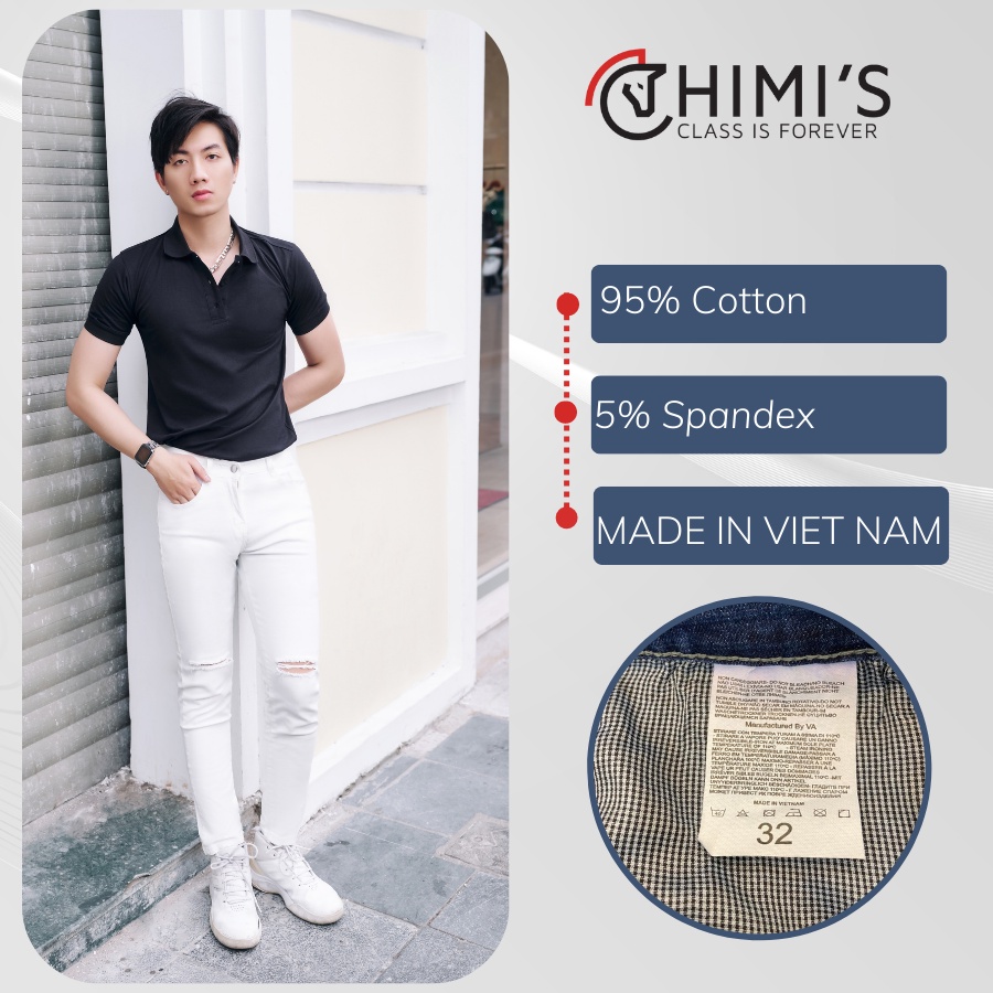 Quần jean nam trắng rách sước CHIMIS-303,trắng trơn CHIMIS-25 Dáng Slim vải Cotton co giãn thoáng mát dễ vận động