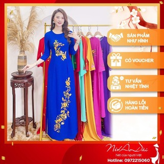 Áo dài thêu hoa mai xanh dương truyền thống vải tằm ý may sẵn đón tết i nét áo dài