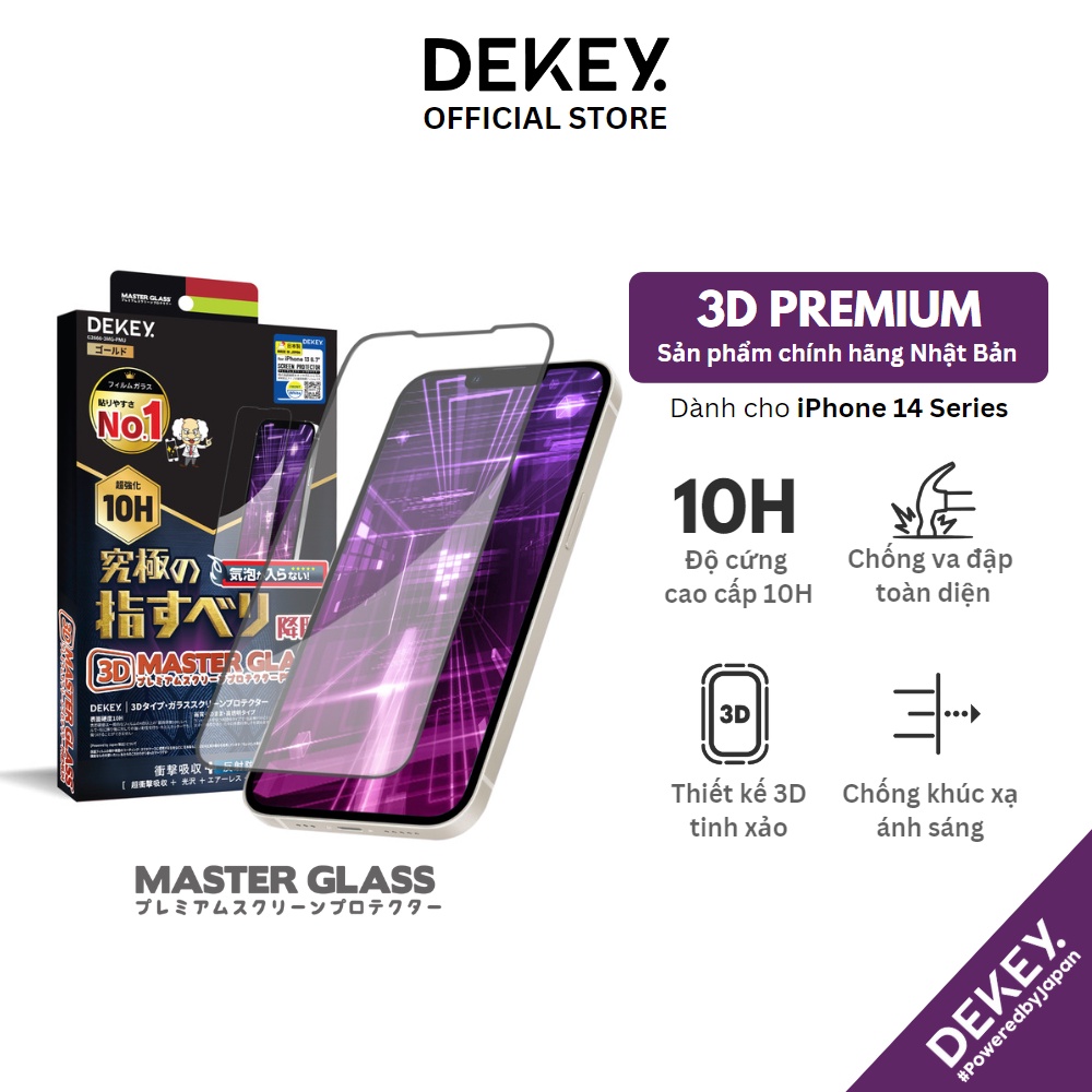 (Tặng tai nghe ) Kính Cường Lực 10H 3D Dekey Master Glass Premium Cho iPhone 14/ 14Pro/ 14ProMax/ 14Plus