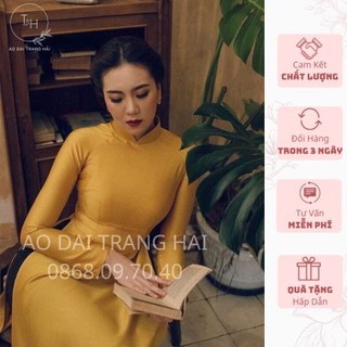 Áo dài truyền thống lụa vân gỗ màu vàng đồng, 2 tà đính hạt viền cổ viền tà