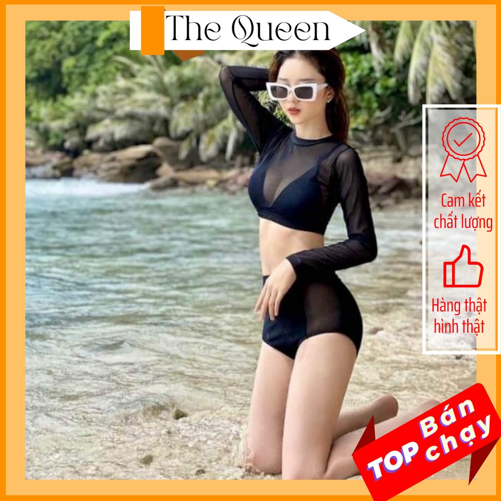 Bikini đồ bơi đi biển hai mảnh kín đáo dài tay phối lưới - The Queen Bikini 027
