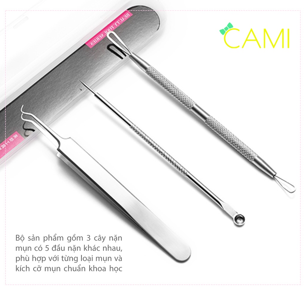 Bộ dụng cụ nặn mụn đa năng, 3 món đa dạng dễ dàng loại bỏ mụn cứng đầu, hộp nhựa chắc chắn dễ bảo quản - Cami - CMPK345