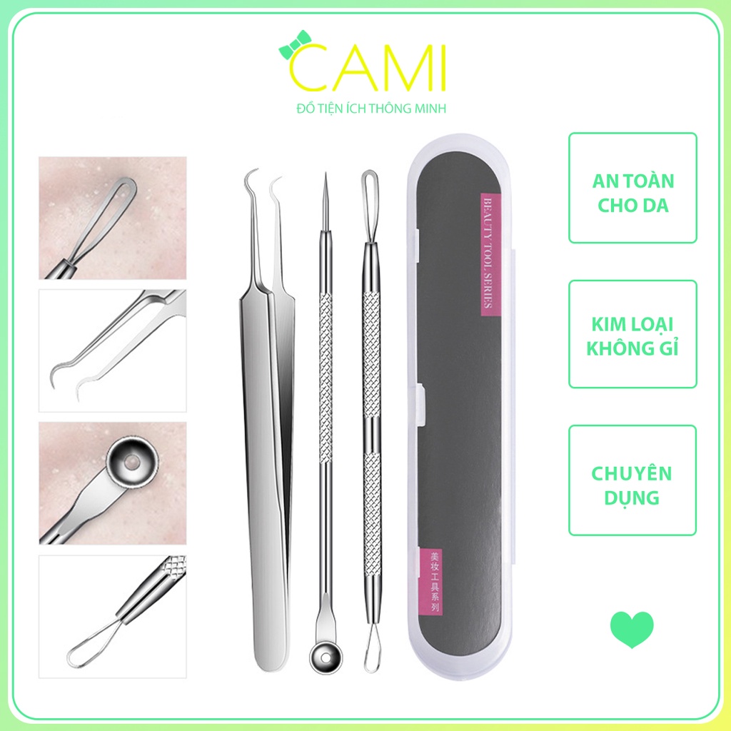 Bộ dụng cụ nặn mụn đa năng, 3 món đa dạng dễ dàng loại bỏ mụn cứng đầu, hộp nhựa chắc chắn dễ bảo quản - Cami - CMPK345