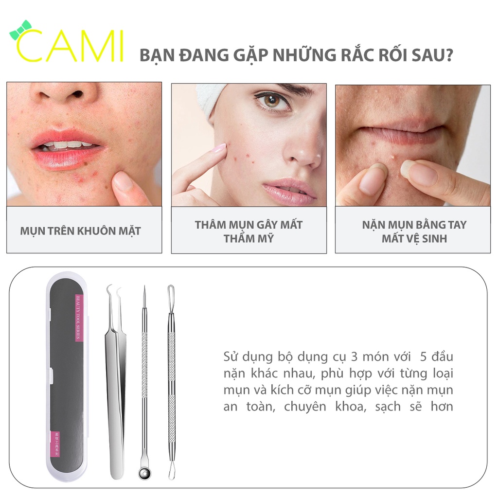 Bộ dụng cụ nặn mụn đa năng, 3 món đa dạng dễ dàng loại bỏ mụn cứng đầu, hộp nhựa chắc chắn dễ bảo quản - Cami - CMPK345