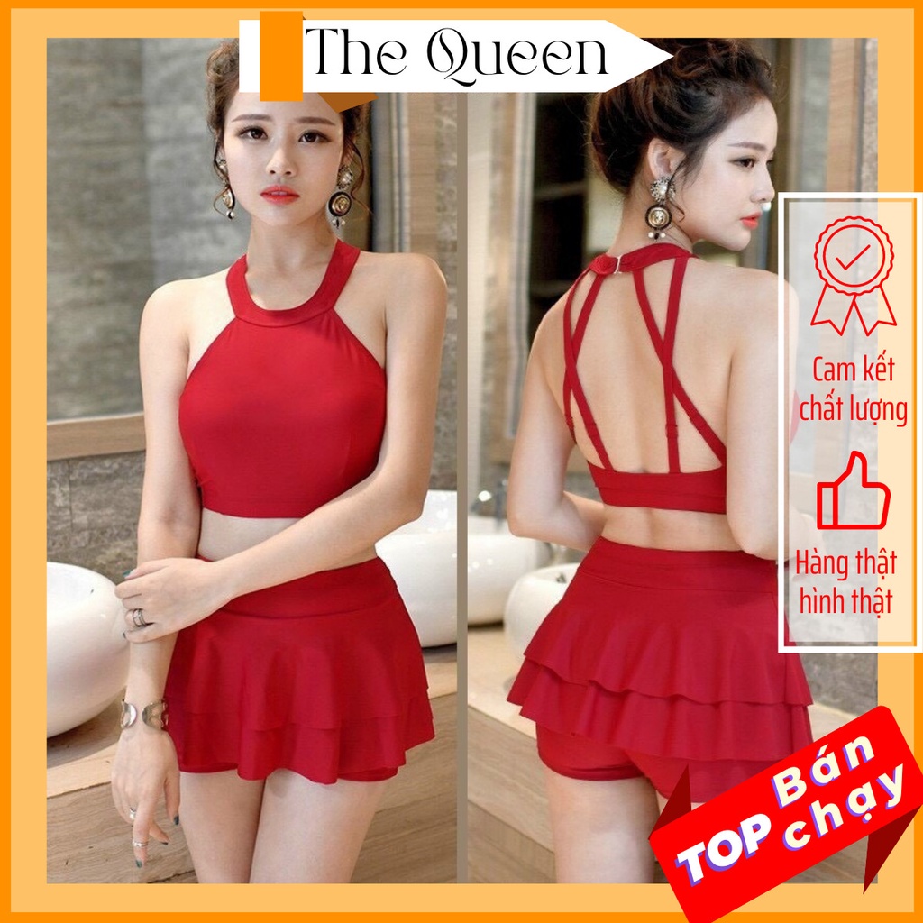 Bikini 2 mảnh đồ bơi đi biển yếm chéo lưng quần đùi váy ngắn hai tầng The Queen 028