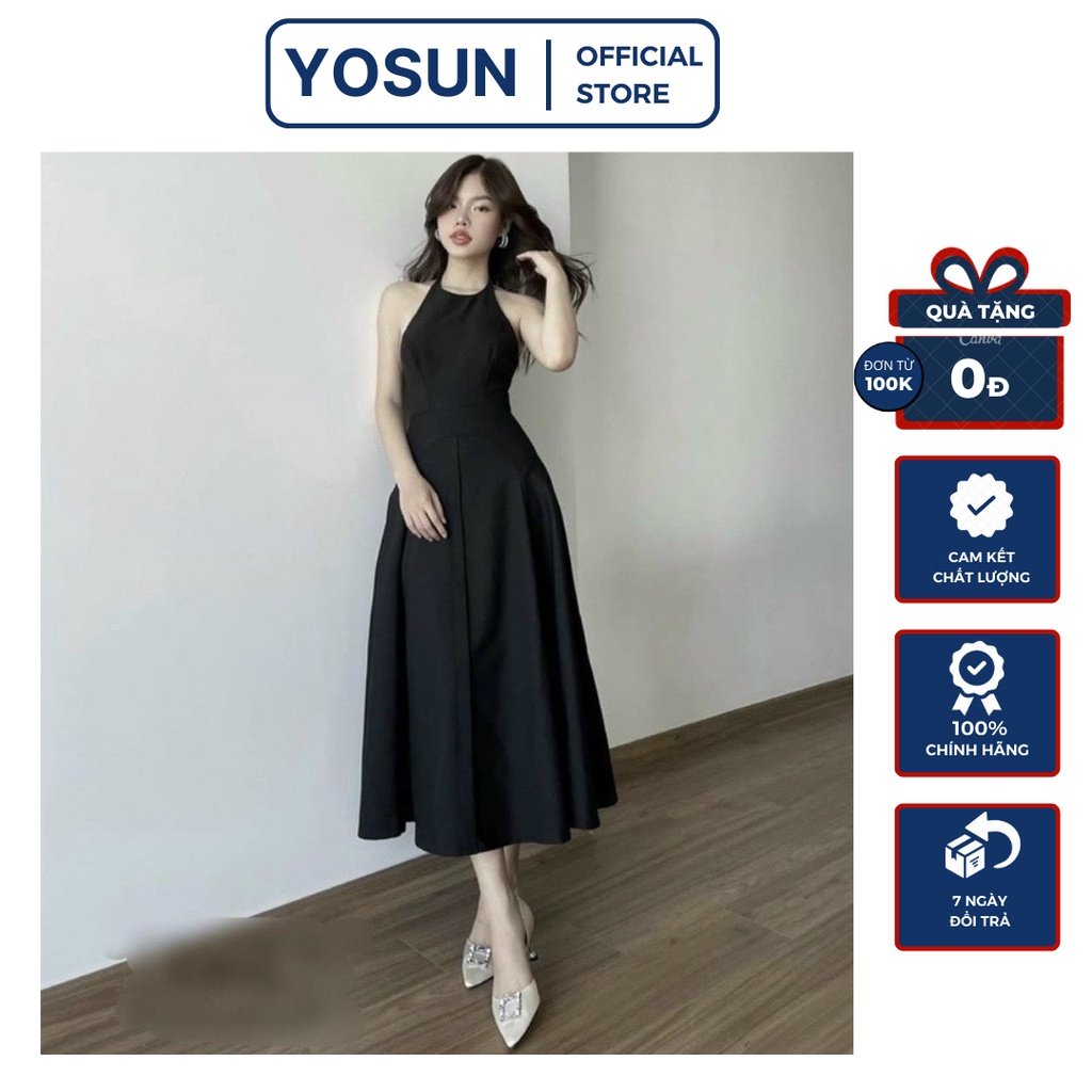 Đầm Nữ Cổ Yếm Cột Dây Sau Form Dài Hở Lưng Sexy, Đầm Maxi Đi Biển Dáng Xòe Màu Đen