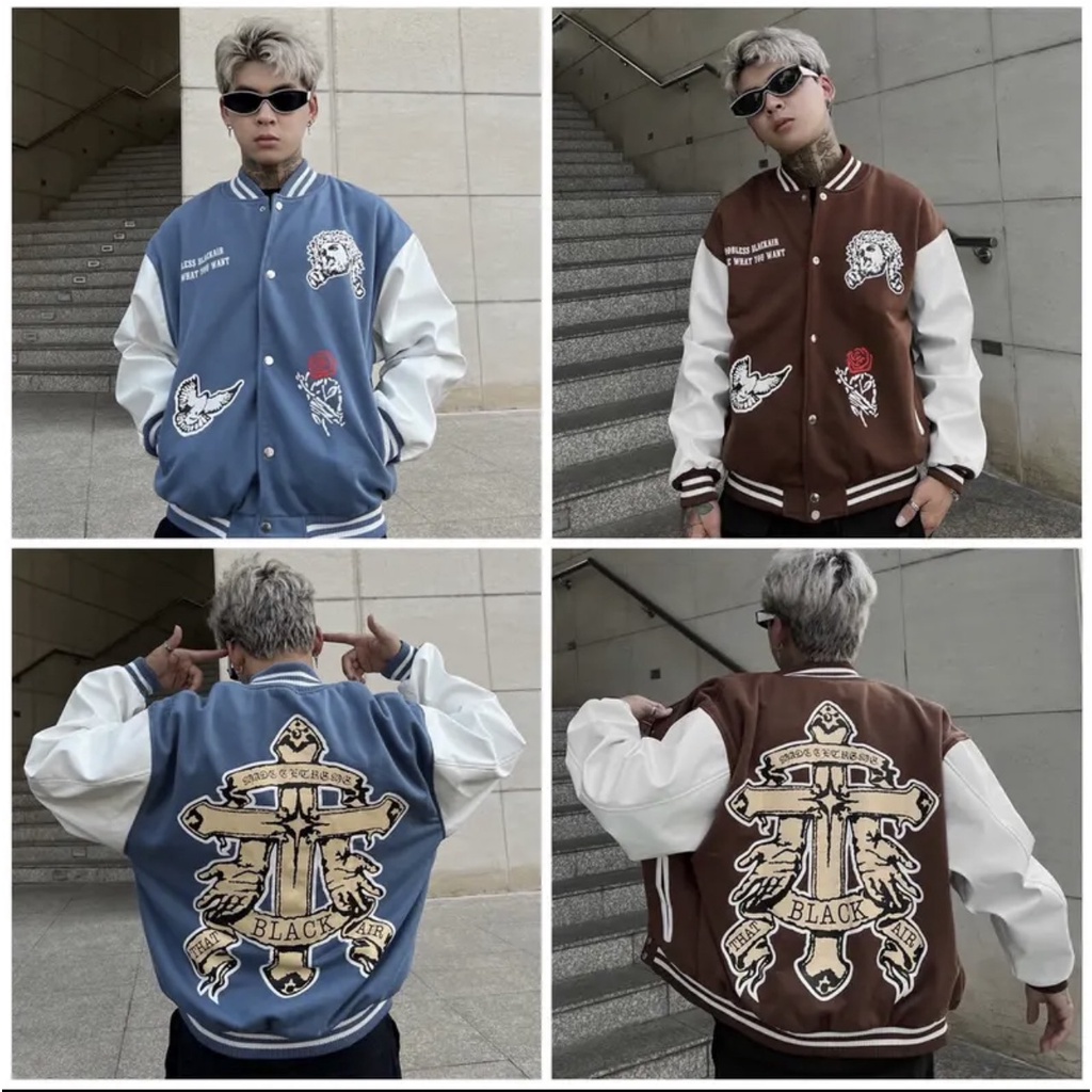 Áo Khoác 2 Lớp Nỉ Dạ Phối Da PU Áo Bomber Varsity Jacket Nam Nữ Unisex Chất Dạ 2 lớp MS02