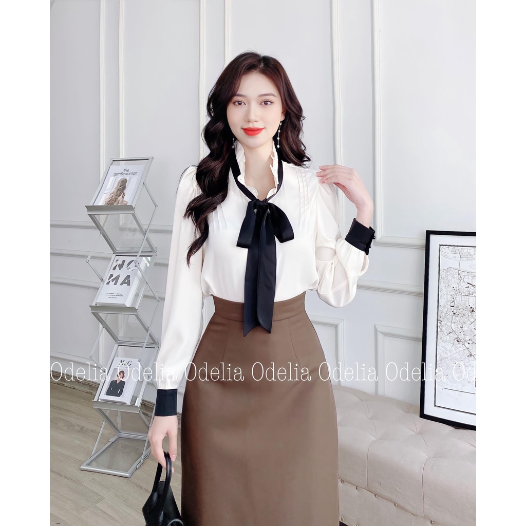 Áo sơ mi lụa dài tay Odelia, cổ bèo mix nơ - A6709