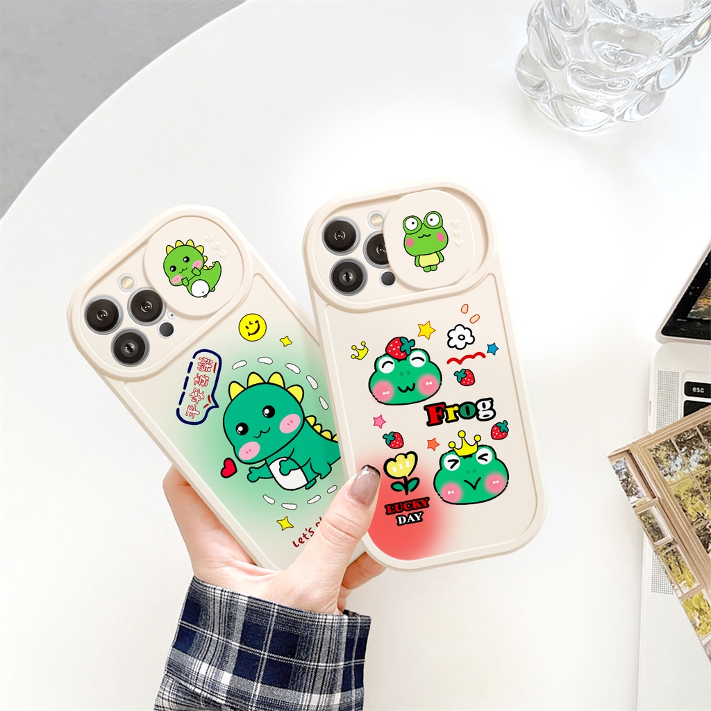 Ốp iphone nắp trượt tròn Happy Frog khủng long dễ thương iphone 14 13 13pro 13Promax 6 6S 7 8 7Plus 8Plus IX XR XSMAX