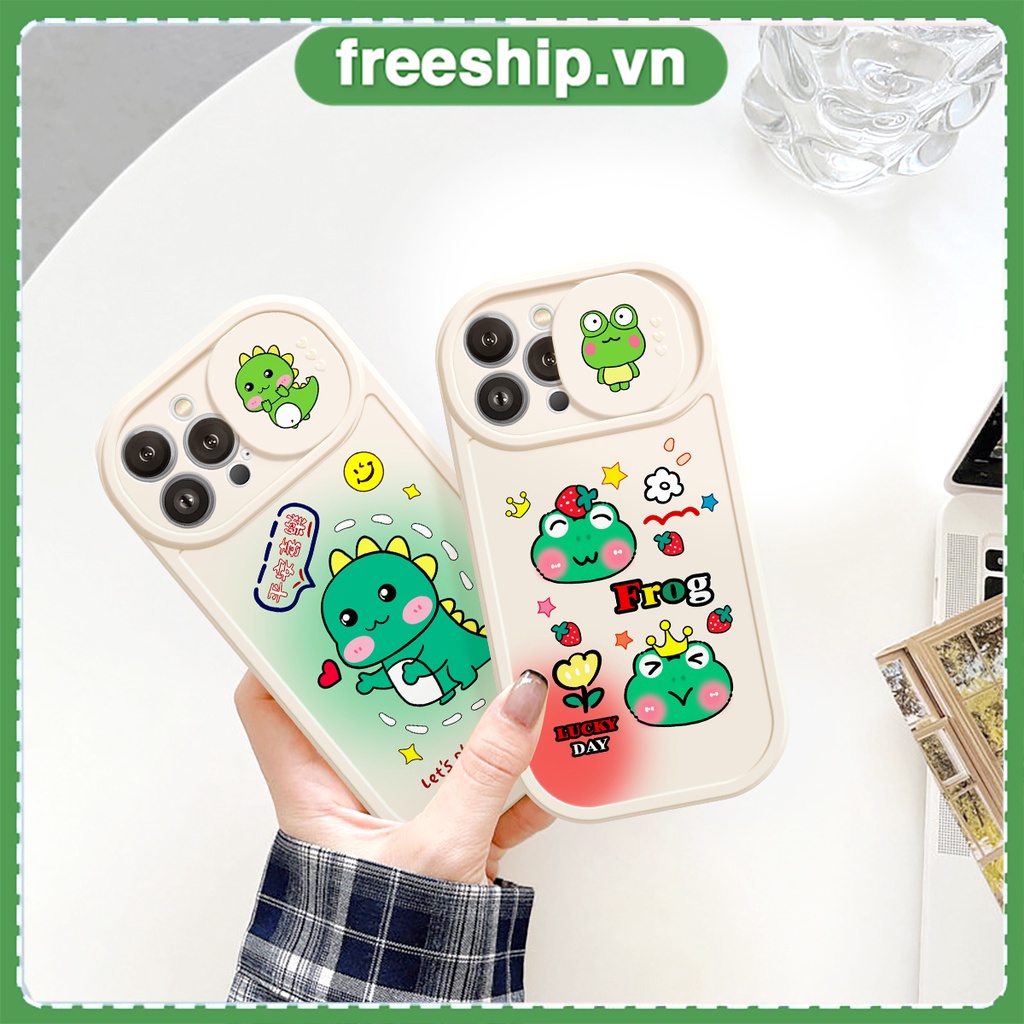 Ốp iphone nắp trượt tròn Happy Frog khủng long dễ thương iphone 14 13 13pro 13Promax 6 6S 7 8 7Plus 8Plus IX XR XSMAX