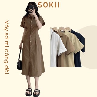 Váy sơ mi dáng dài Sokii váy sơ mi thắt eo phía sau oversize dành cho nữ từ 40-65kg CHẤT THÔ HÀN đứng form