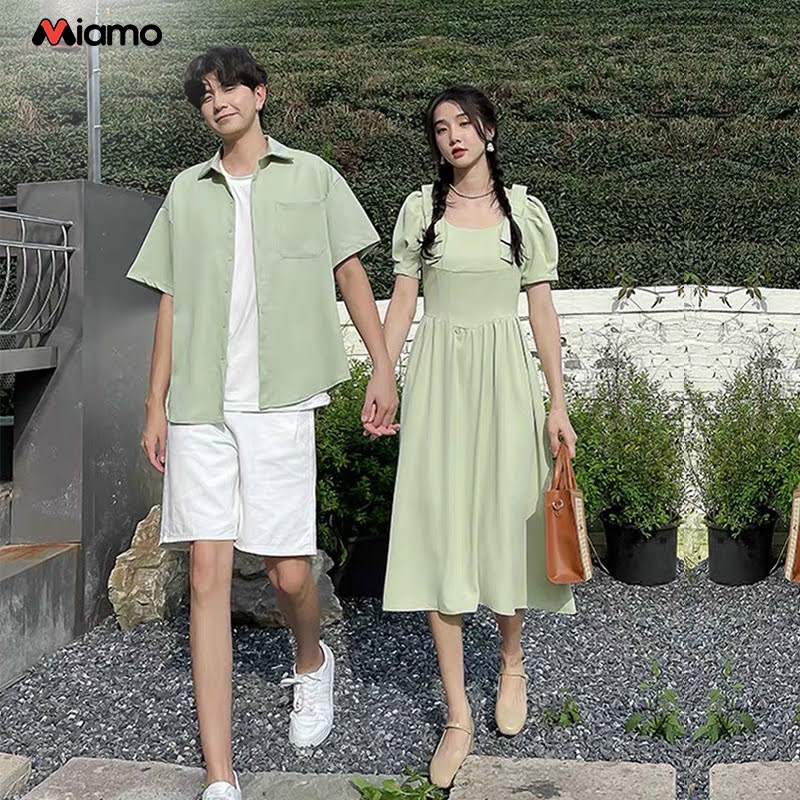 Set đồ đôi áo sơ mi - đầm nữ xanh mint váy dài thời trang Miamo MO101