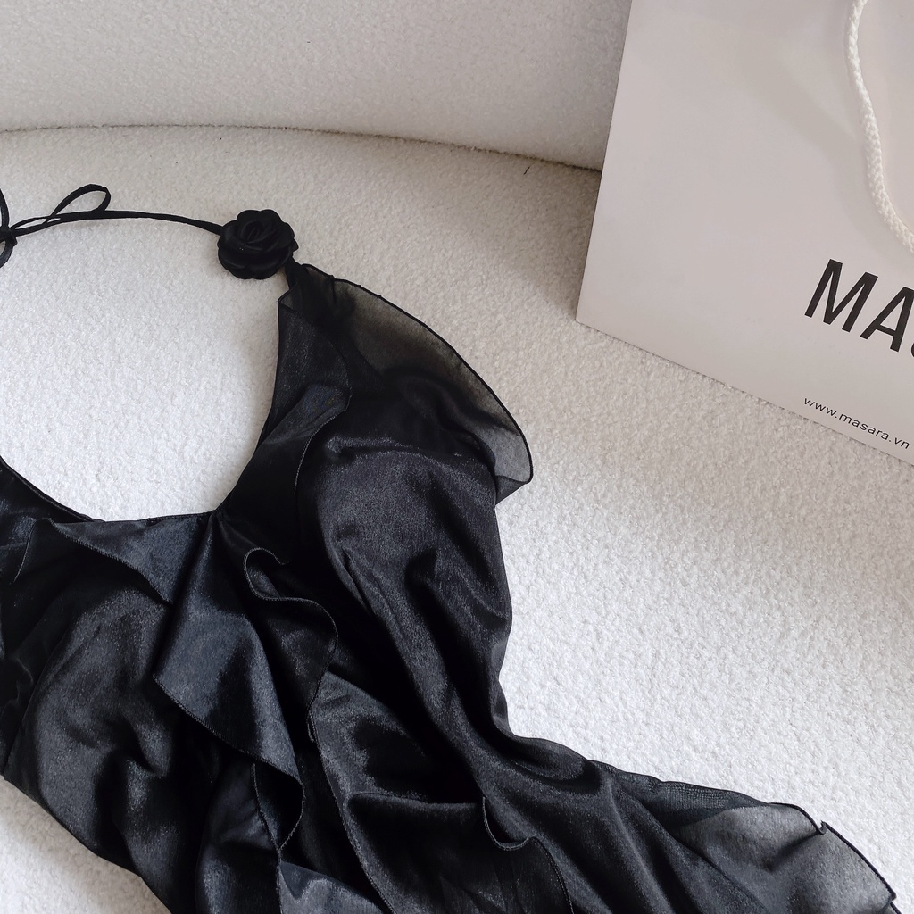 Đầm đen cổ yếm bèo tua rua kèm chocker cổ hoa Freesize đầm body sexy Hari_Fashion - SR170