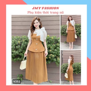 V252 Váy nâu dáng dài dập ly [Hà Thanh&Rency] váy đầm cổ voan nơ trắng tiểu thư