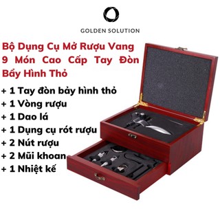 Bộ dụng cụ mở rượu vang 8 món cao cấp tay đòn bẩy hình thỏ kèm hộp-khắc tên miễn phí