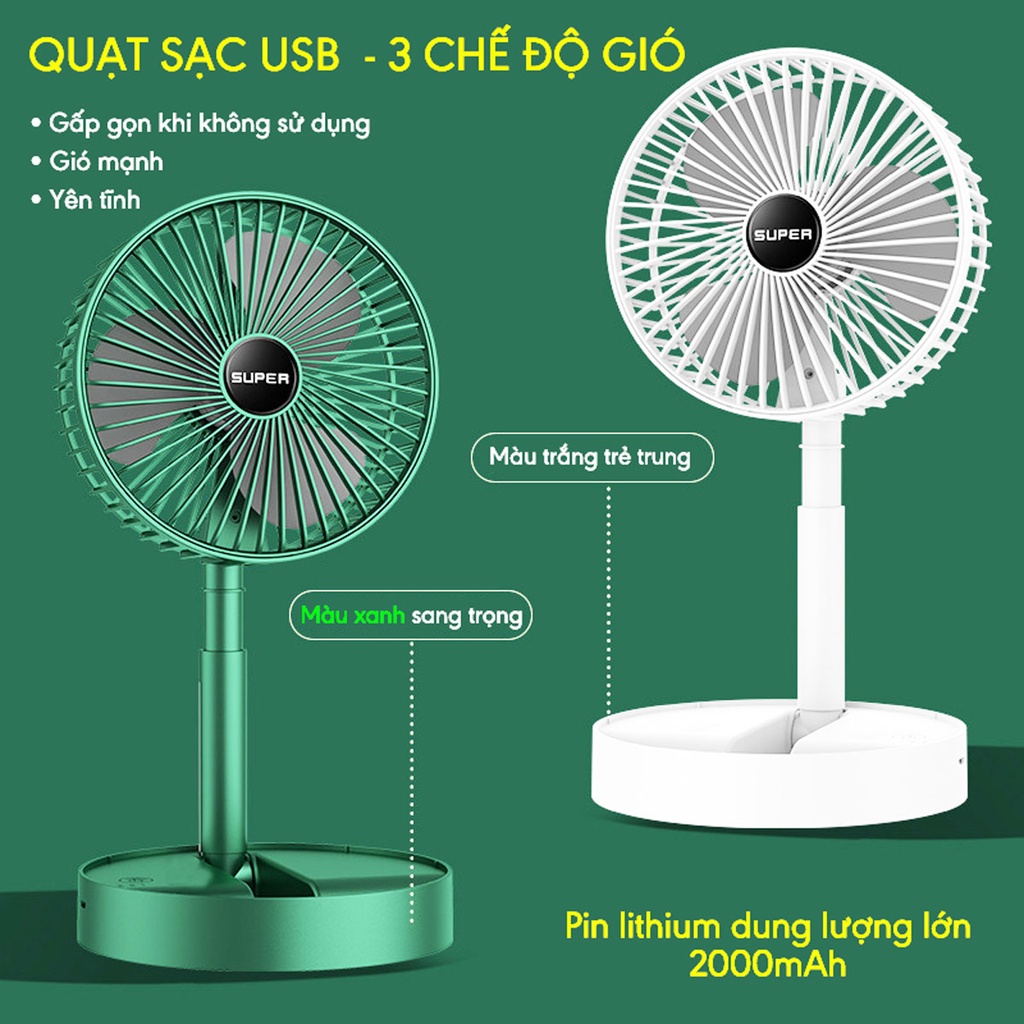Quạt sạc điện 3 cấp độ gió, gấp gọn tiện lợi, cổng sạc USB
