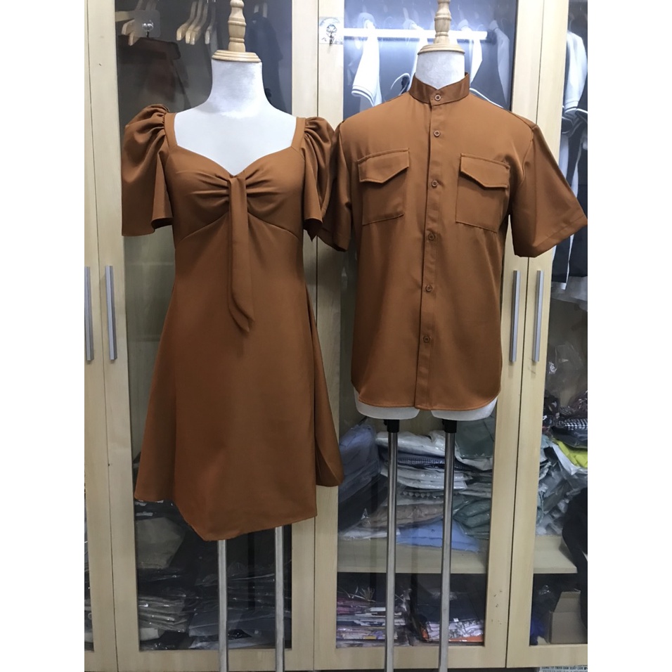 Set đồ đôi áo sơ mi nam - đầm nâu kute thời trang Miamo MO88