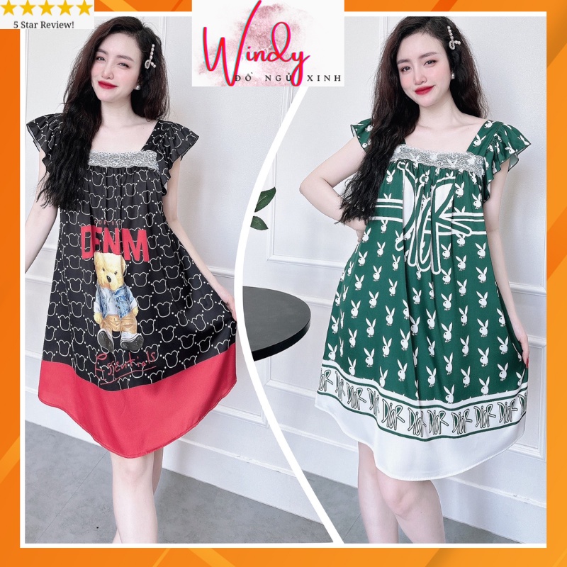 Đầm ngủ nữ cánh tiên 2 dây dễ thương mặc nhà lụa latin in 3D hàng thiết kế mịn mát freesize dưới 62kg