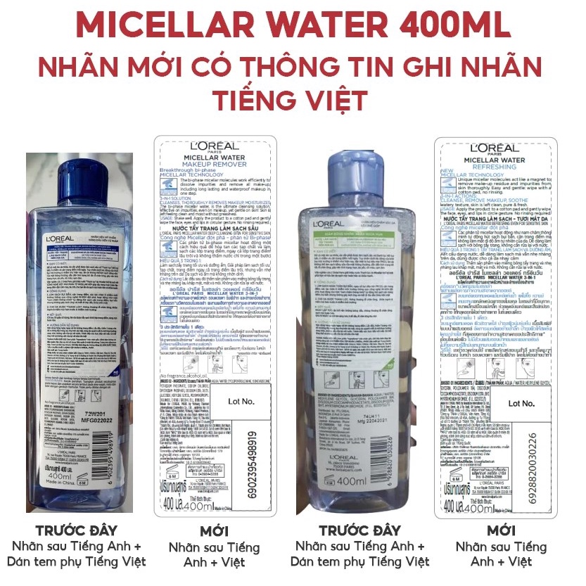 Nước tẩy trang làm sạch, dưỡng ẩm cho mọi loại da Loreal L'Oreal 3-in-1 Micellar Water 400ml