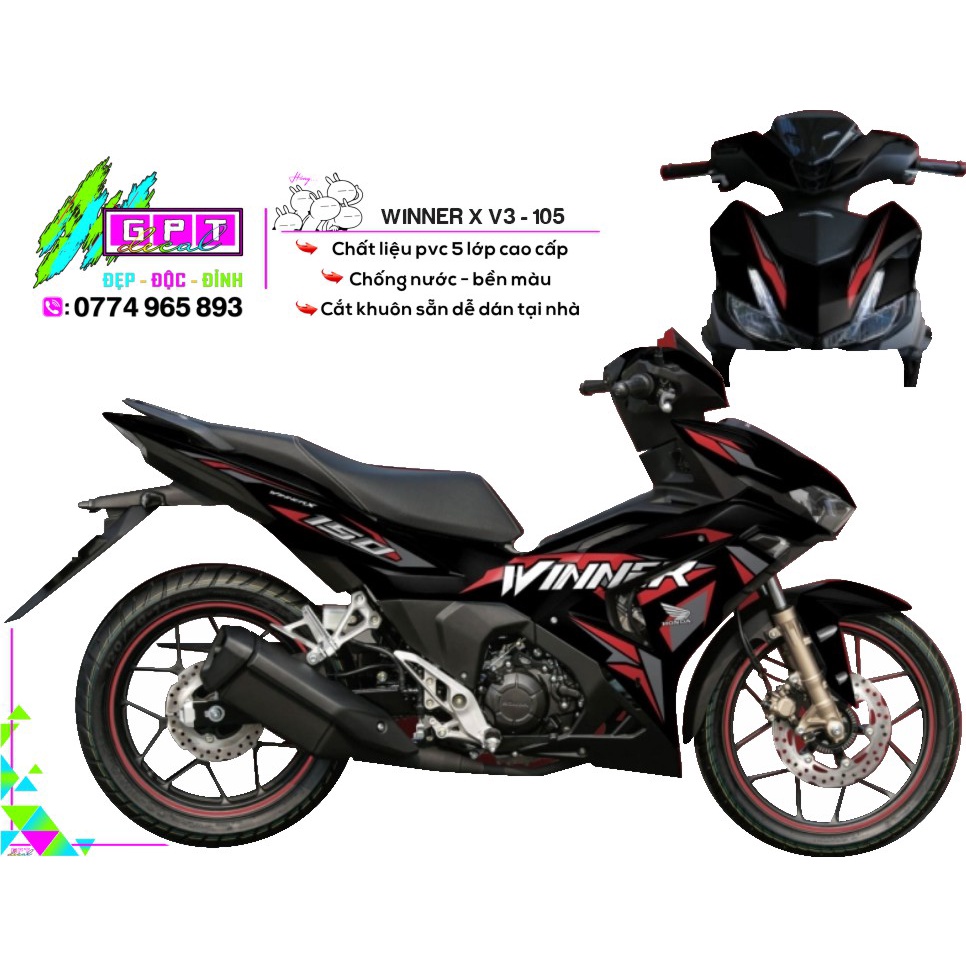 Tem xe Winner X V3 Mẫu Đen Đỏ Zin I V105 I Decal Rời Cao Cấp Dễ Dán, Chống Nước, Chống Phai Màu