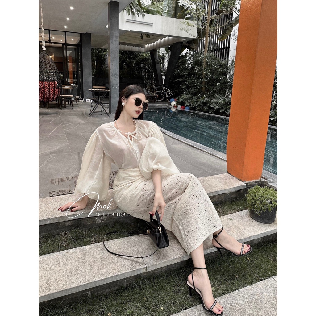 Set đồ nữ Áo tay bồng Chất tằm bọt Mix chân váy ren thêu Dáng bút chì Sang chảnh Chuẩn hàng thiết kế