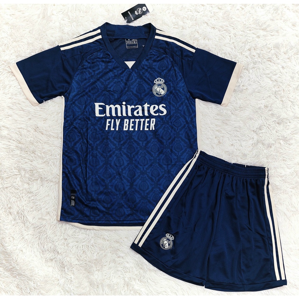 Bộ quần áo đá banh clb bóng đá real madrid sân nhà khách ba 23 24 màu xanh tím than logo thêu vải gai thái 2023 2024