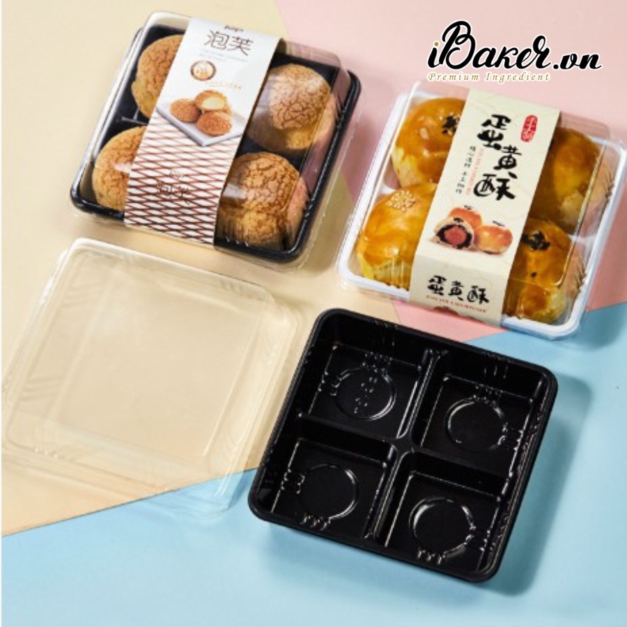(Set 10) Hộp nhựa 4 ngăn đế đen FG134 đựng bánh trung thu, mochi, bánh bao, bánh su,...