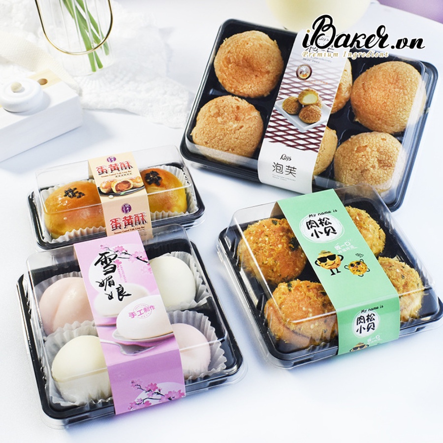 (Set 10) Hộp nhựa 4 ngăn đế đen FG134 đựng bánh trung thu, mochi, bánh bao, bánh su,...