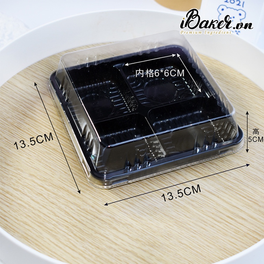 (Set 10) Hộp nhựa 4 ngăn đế đen FG134 đựng bánh trung thu, mochi, bánh bao, bánh su,...
