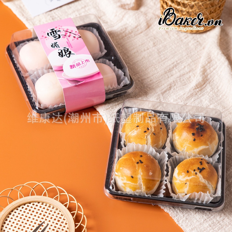 (Set 10) Hộp nhựa 4 ngăn đế đen FG134 đựng bánh trung thu, mochi, bánh bao, bánh su,...