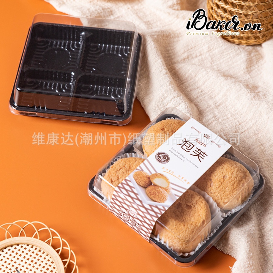 (Set 10) Hộp nhựa 4 ngăn đế đen FG134 đựng bánh trung thu, mochi, bánh bao, bánh su,...