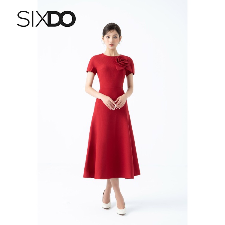 Đầm midi thô dáng xòe tay ngắn phối nơ ngực SIXDO (Dark Red Midi Raw Dress)