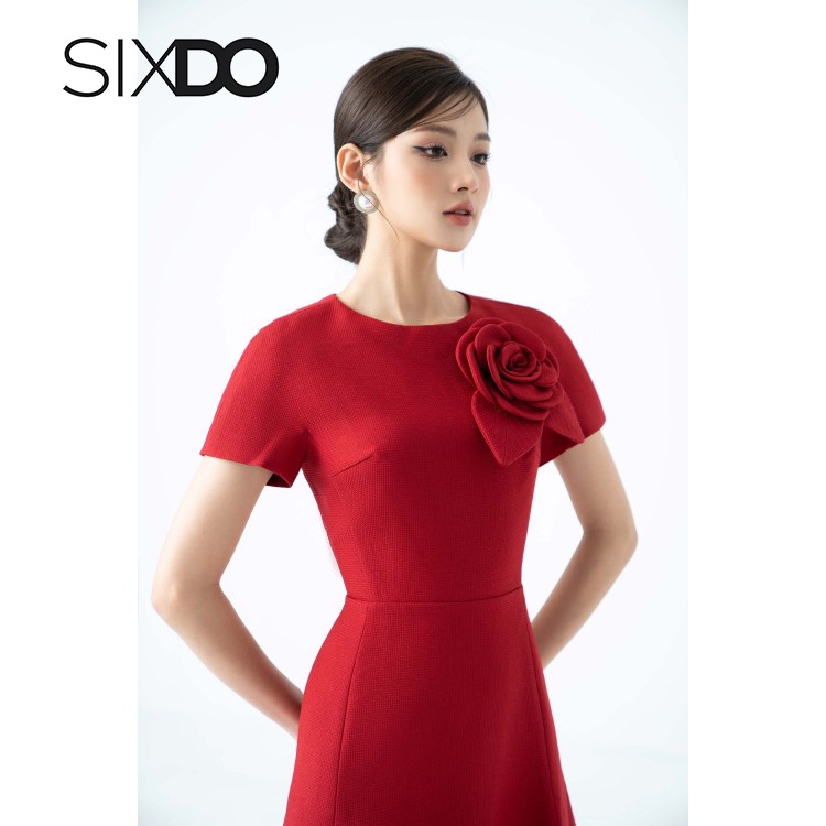 Đầm midi thô dáng xòe tay ngắn phối nơ ngực SIXDO (Dark Red Midi Raw Dress)