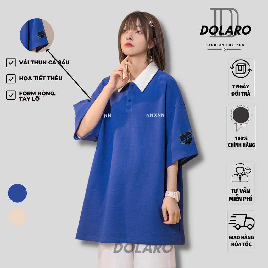 Áo polo nữ form rộng local brand DOLARO chất áo thun cá sấu co dãn thoáng mát thêu gấu, có cổ bẻ dáng đẹp