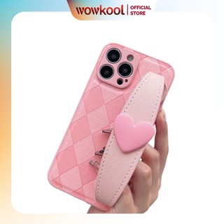 Ốp lưng điện thoại iphone WOWKOOL chống sốc TPU + Da họa tiết hình thoi hồng vòng tay trái tim