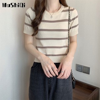 Áo thun MUSHIQI ngắn tay họa tiết sọc ngang thời trang cao cấp cho nữ