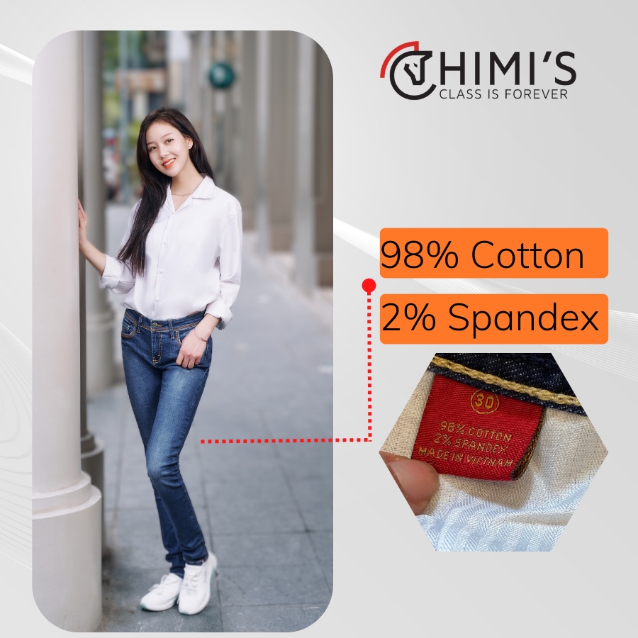 Quần jean nữ quần bò nữ CHIMI-01 dáng Skinny màu xanh wash bạc ống chất vải Cotton co giãn thoáng mát dễ vận động