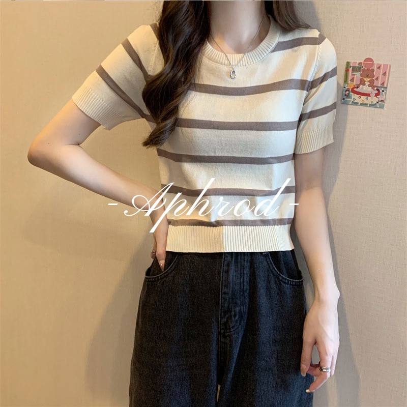 Áo Thun Ngắn Tay Họa Tiết Kẻ Sọc Thiết Kế Mới Thời Trang Cho Nữ
