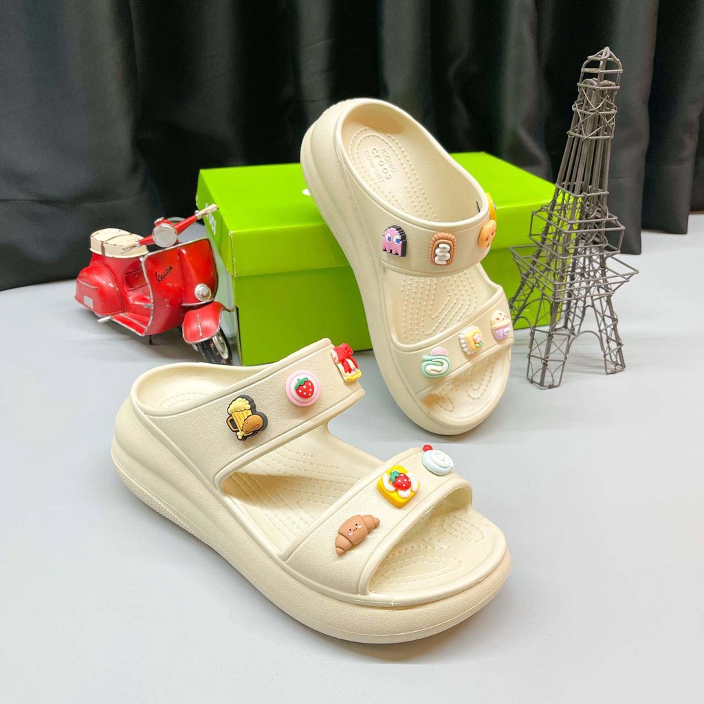 CSH Màu Kem - Dép Nữ Đế Cao Cross Classic Sandal Crush Quai Ngang