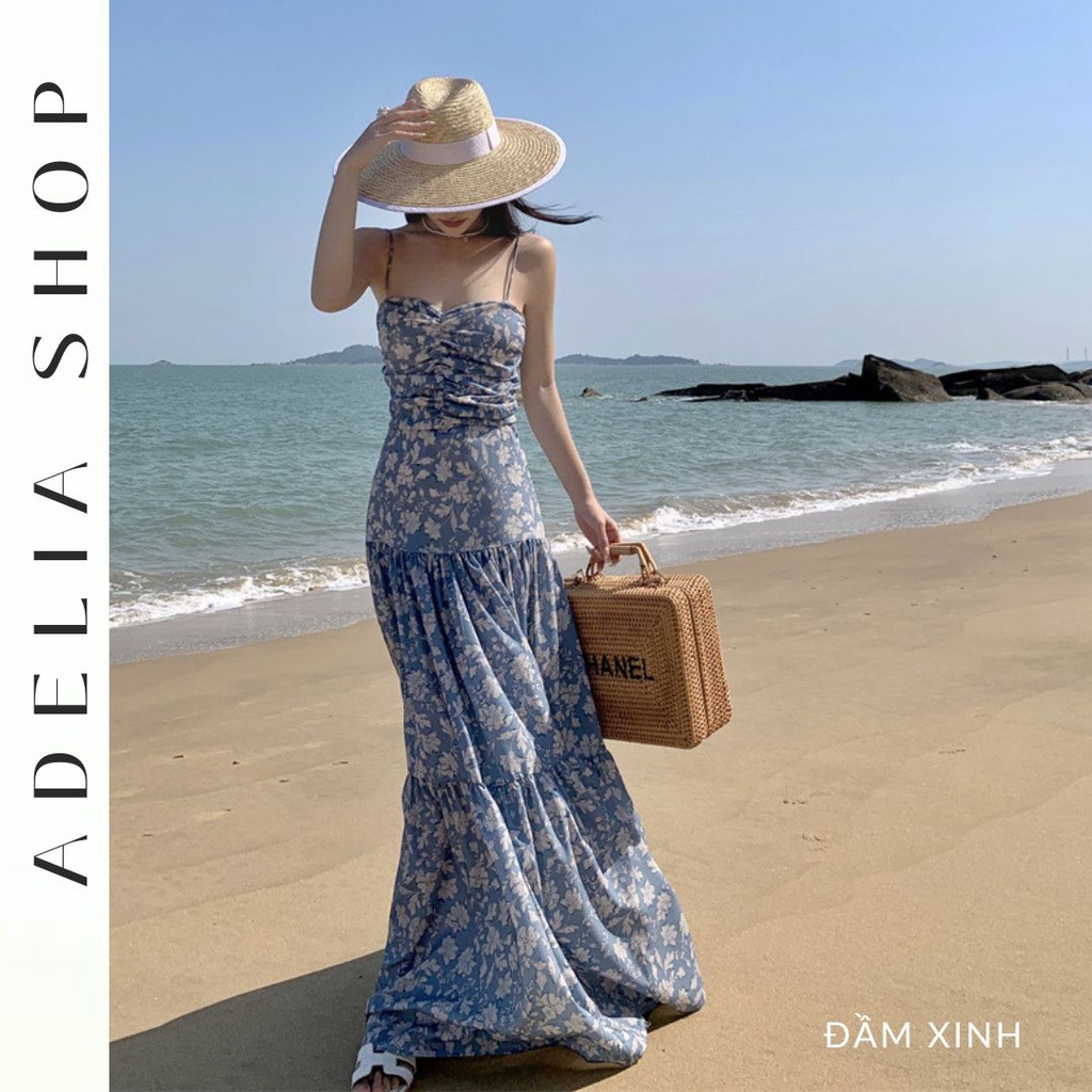 「ADELIA」Đầm Thổ Cẩm 2 Dây Dáng Dài Chất Lanh Mát Màu Xanh Biển, Đầm Đi Biển Thổ Cẩm