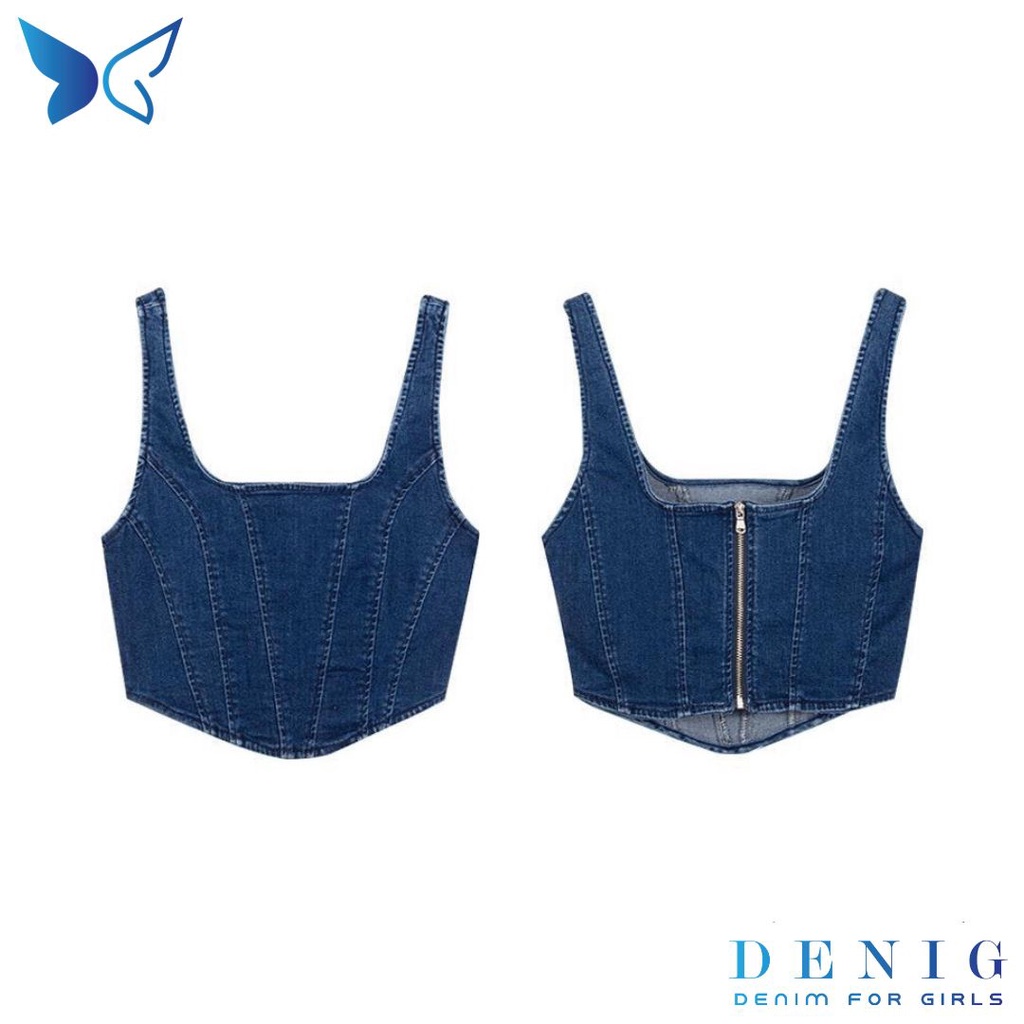 Áo hai dây jean kiểu dáng corset phối khóa kim loại DENIG