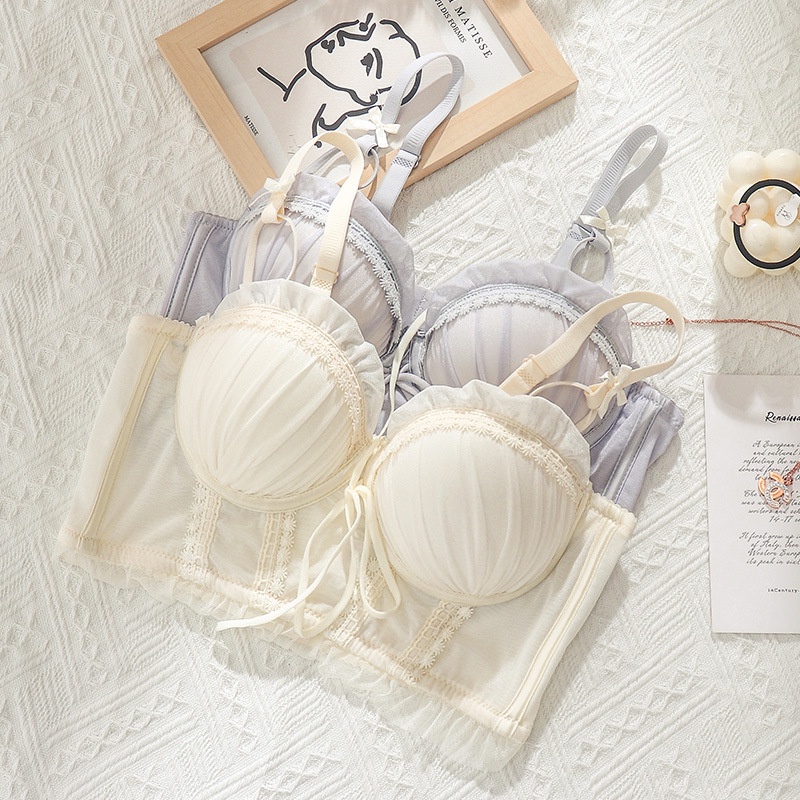 Áo Lót Nâng Ngực 3 / 4 Cúp Không Gọng Phối Ren Phong Cách Lolita