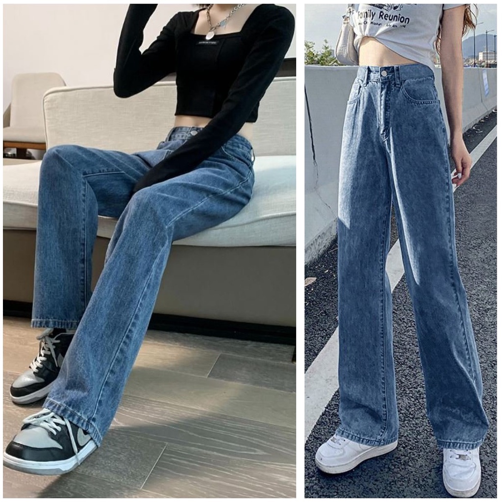 Quần jean nữ ống rộng lưng cao, Quần bò nữ cạp cao màu xanh, xám khói dáng suông, kiểu baggy ống đứng chất đẹp Bazik_mum