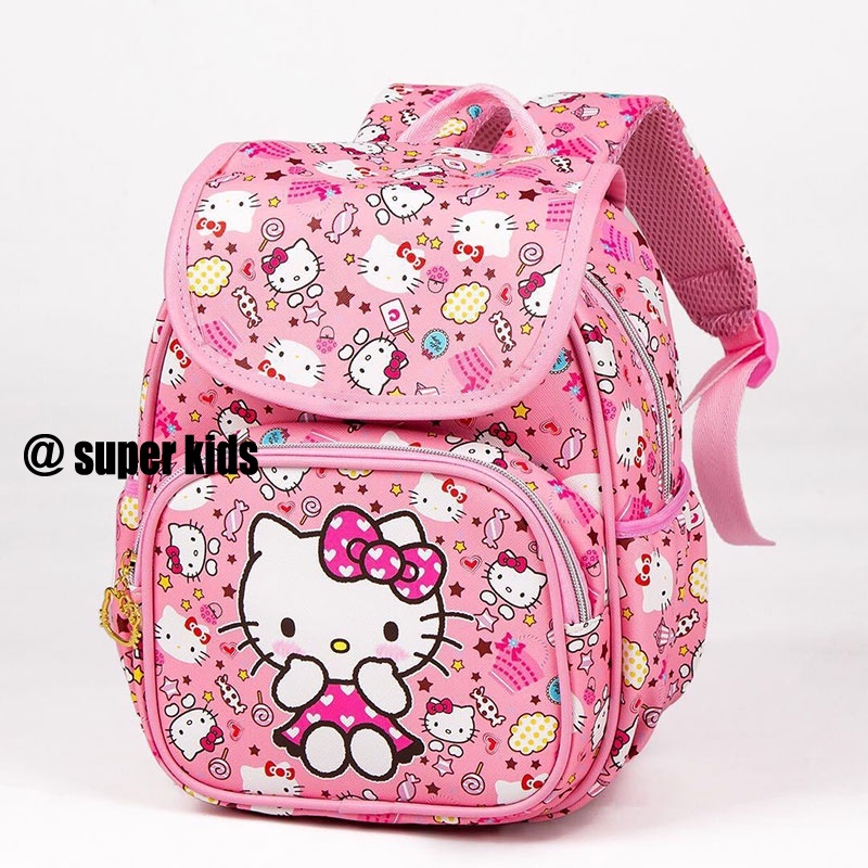 SUPER KIDS Ba Lô Đi Học Nắp Gập Chống Nước Có Khóa Kéo In Họa Tiết Hoạt Hình Kitty Dễ Thương Cho Bé