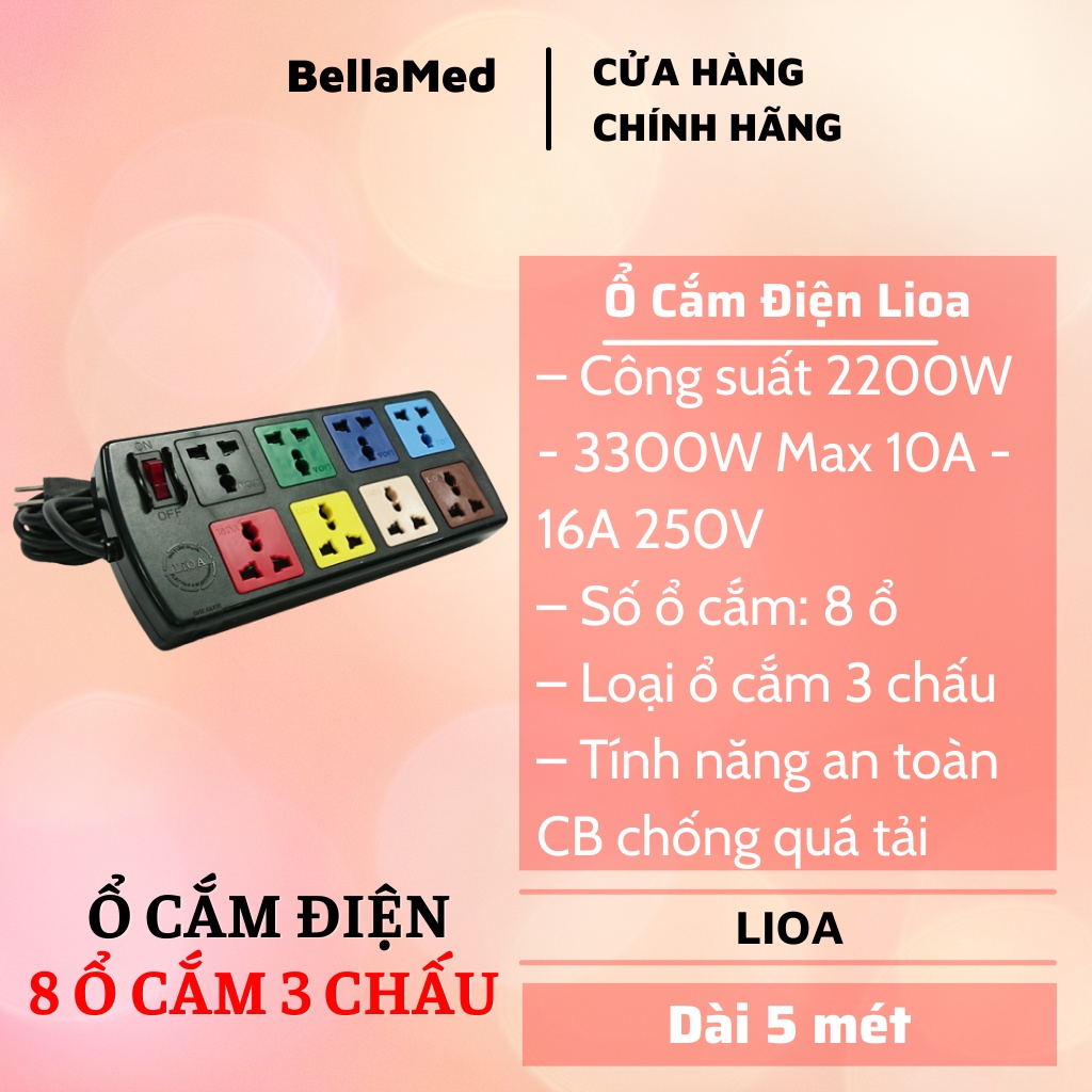 Ổ cắm điện Lioa 8 ổ cắm 3 chấu chính hãng có CB chống quá tải