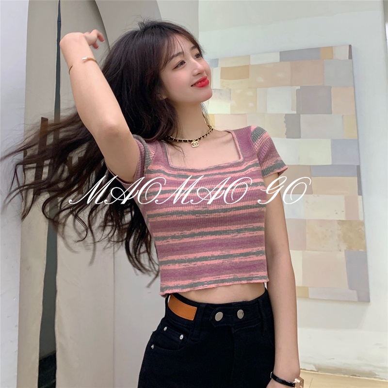 Maomao GO Áo Thun Ngắn Tay Cổ Vuông Ôm Dáng Họa Tiết Kẻ Sọc Ngọt Ngào Thời Trang Mùa Hè Cho Nữ