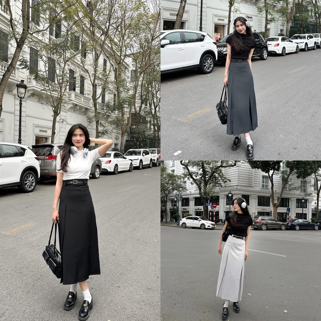 (Hàng shop) 🌸Set áo cotton cổ cao mix chân váy l2 ly tuyết kèm đai 3 màu lên form siêu xinh🍓 lolla_la_con_gai_phai_dien