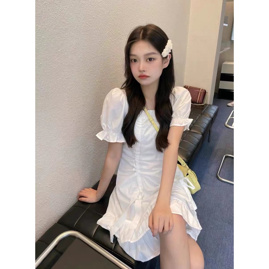 Xiaozhainv Đầm Tay Phồng Ngắn Cổ Vuông Phong Cách Pháp Thời Trang Cho Nữ