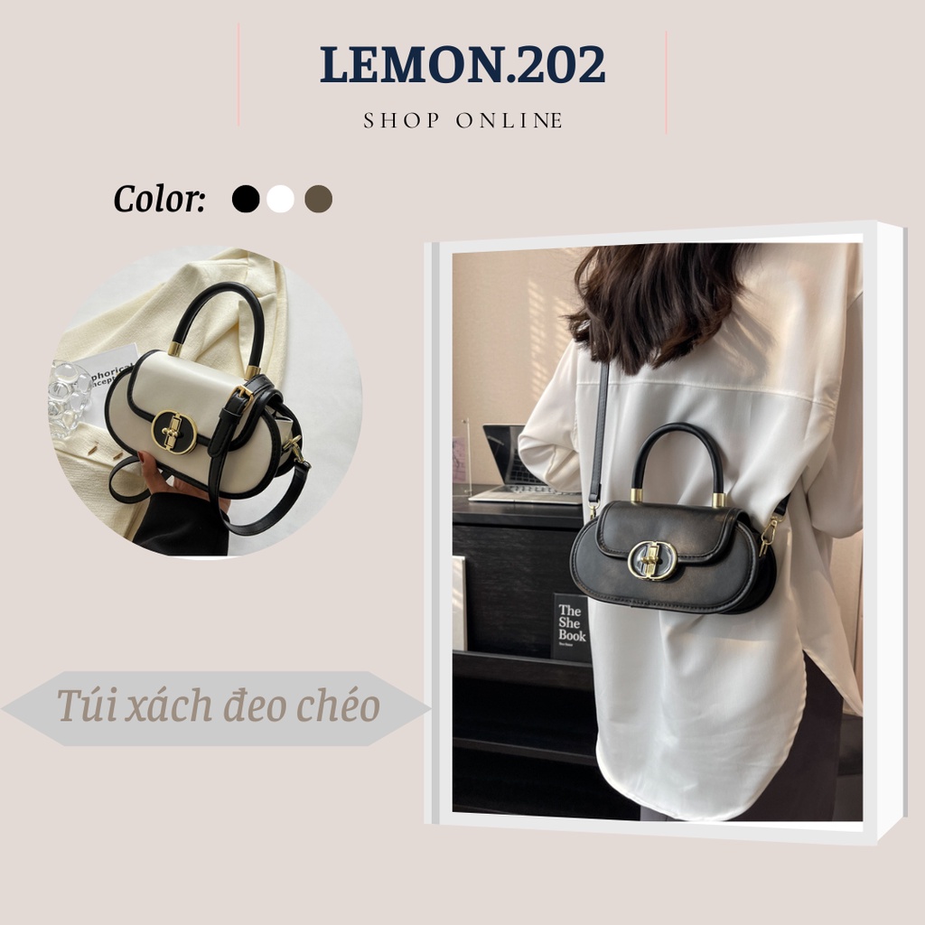 { SẴN NÂU + TRẮNG } Túi đeo vai LEMON bằng da Pu bóng mềm mại hoạ tiết giản đơn