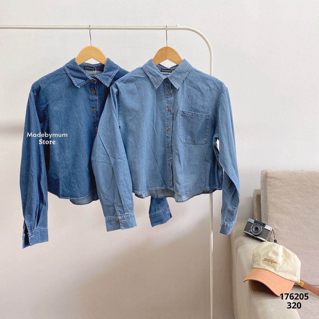 Áo sơ mi jean croptop tay dài 1 túi